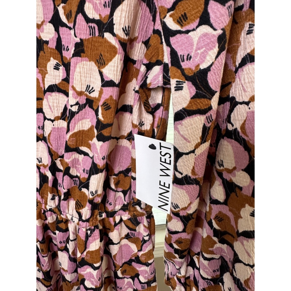 Nine West Dress Medium Brown Pink Floral Print Long Sleeve V Neck NEW - Picture 4 of 10